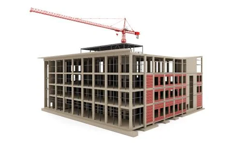 Building under construction 3D model with a construction crane on a white Ilustración de archivo