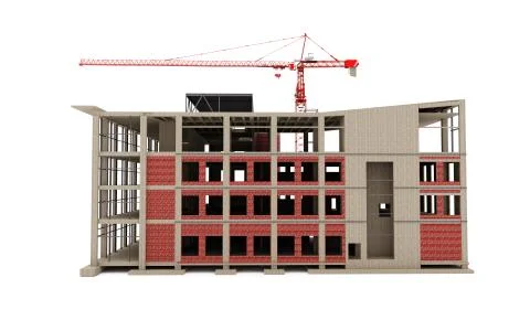 Building under construction 3D model with a construction crane on a white Illustrazione stock
