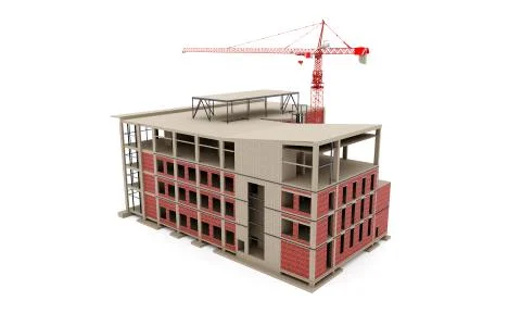 Building under construction 3D model with a construction crane on a white Ilustración de archivo
