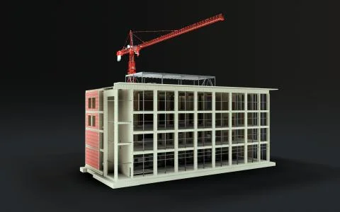 Building under construction 3D model with a construction crane on a black Ilustración de archivo