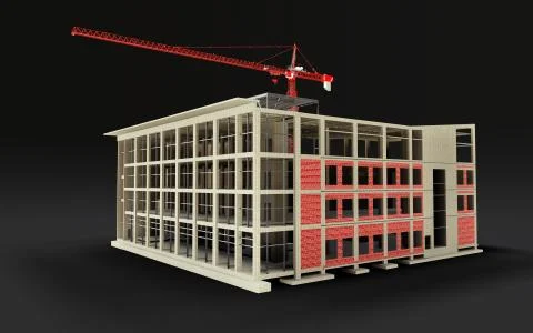 Building under construction 3D model with a construction crane on a black Stock-Illustration