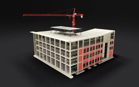 Building under construction 3D model with a construction crane on a black Ilustración de archivo