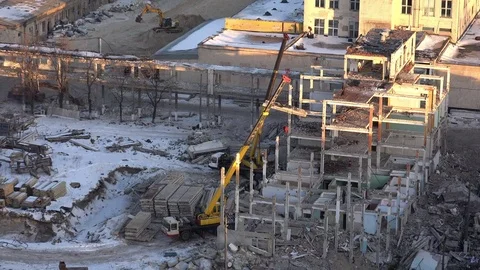 Building Under Construction Concept. Crane Working in Construction Site Stock Footage 72047519