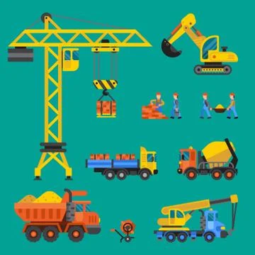 Building under construction crane and workers buildings construction technic Stock Illustration