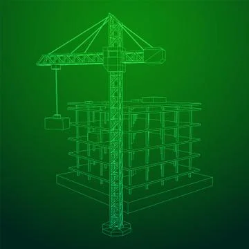 Building under construction with crane wireframe Ilustración de archivo