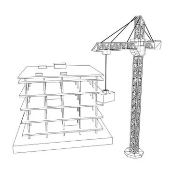 Building under construction with crane wireframe Ilustración de archivo