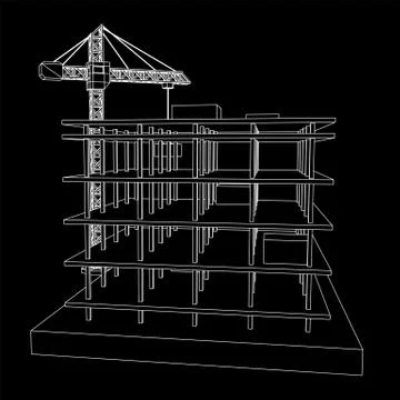 Building under construction with crane wireframe Ilustración de archivo