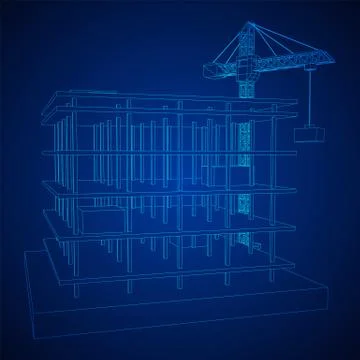 Building under construction with crane wireframe Ilustración de archivo