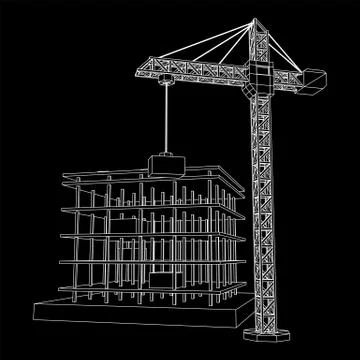 Building under construction with crane wireframe Ilustración de archivo