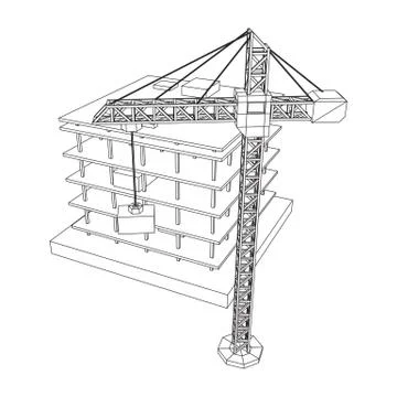 Building under construction with crane wireframe Ilustración de archivo