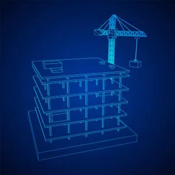 Building under construction with crane wireframe Ilustración de archivo
