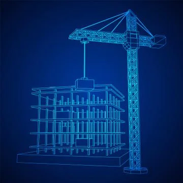 Building under construction with crane wireframe Ilustración de archivo