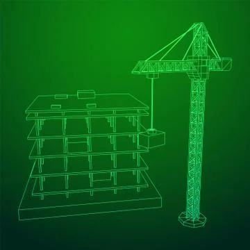 Building under construction with crane wireframe Ilustración de archivo