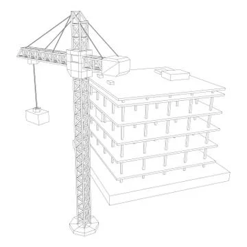 Building under construction with crane wireframe Ilustración de archivo