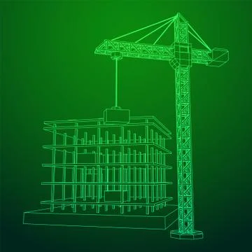 Building under construction with crane wireframe Stock Illustration