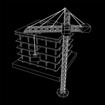 Building under construction with crane wireframe Ilustración de archivo