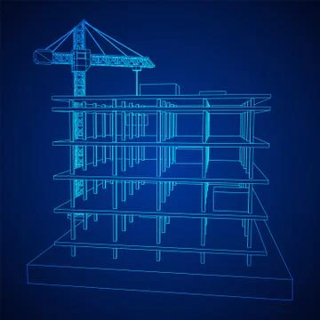 Building under construction with crane wireframe Ilustración de archivo