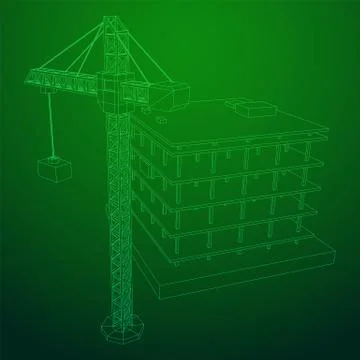 Building under construction with crane wireframe Ilustración de archivo