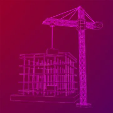 Building under construction with crane wireframe Ilustración de archivo