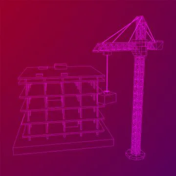 Building under construction with crane wireframe Ilustración de archivo