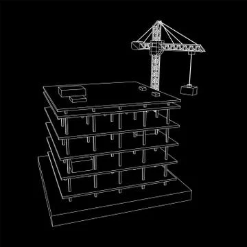 Building under construction with crane wireframe Ilustración de archivo