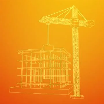 Building under construction with crane wireframe Ilustración de archivo