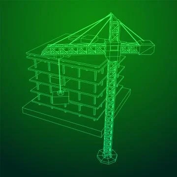 Building under construction with crane wireframe Ilustración de archivo