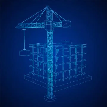 Building under construction with crane wireframe Ilustración de archivo