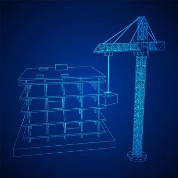 Building under construction with crane wireframe Ilustración de archivo