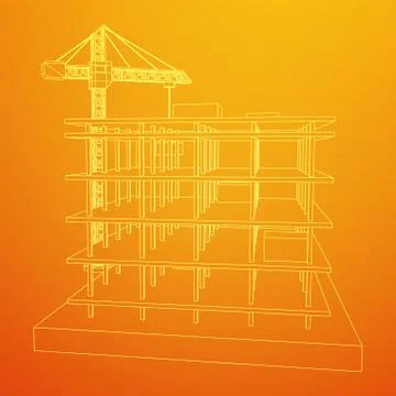 Building under construction with crane wireframe Ilustración de archivo