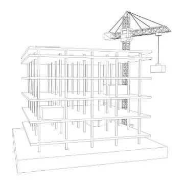 Building under construction with crane wireframe Ilustración de archivo