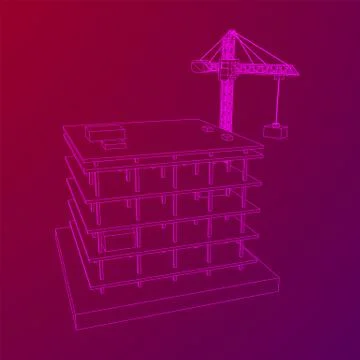 Building under construction with crane wireframe Ilustración de archivo