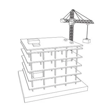 Building under construction with crane wireframe Ilustración de archivo