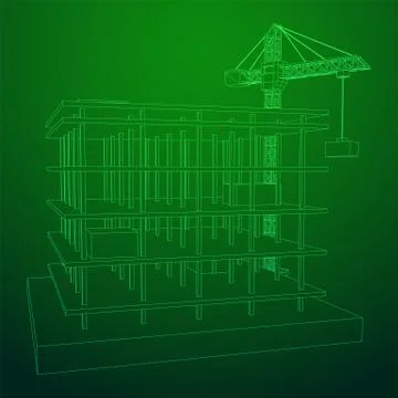 Building under construction with crane wireframe Ilustración de archivo