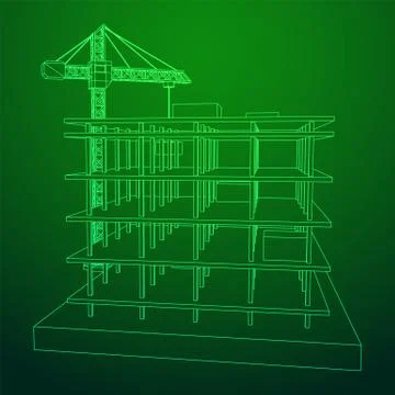 Building under construction with crane wireframe Ilustración de archivo