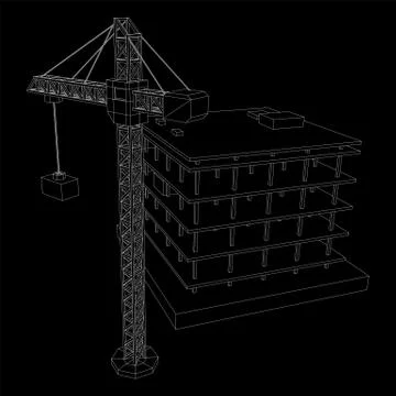 Building under construction with crane wireframe Ilustración de archivo