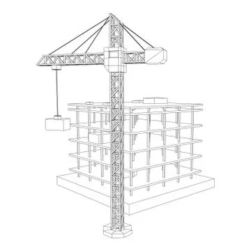 Building under construction with crane wireframe Ilustración de archivo