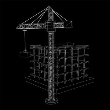 Building under construction with crane wireframe Ilustración de archivo