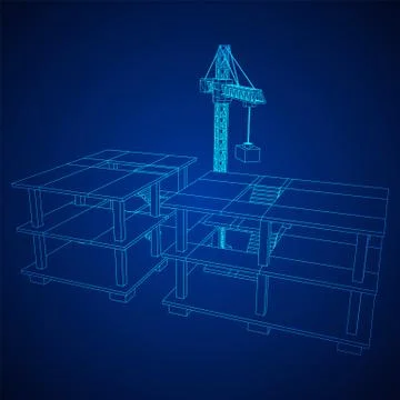 Building under construction with crane wireframe Ilustración de archivo