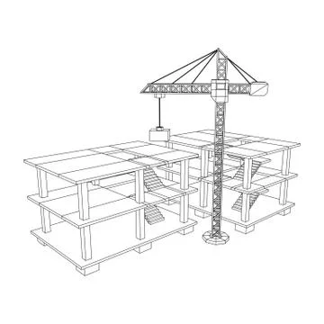 Building under construction with crane wireframe Ilustración de archivo