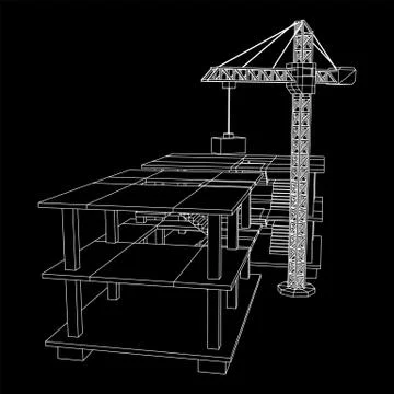 Building under construction with crane wireframe Ilustración de archivo