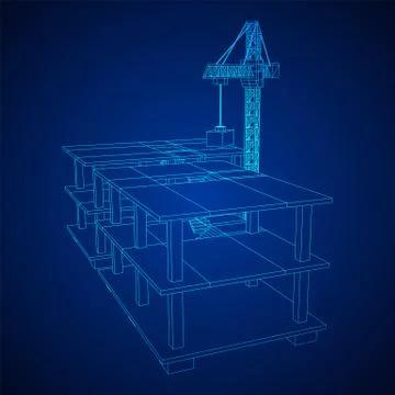 Building under construction with crane wireframe Ilustración de archivo