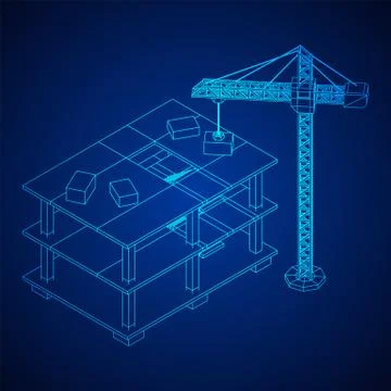 Building under construction with crane wireframe Ilustración de archivo