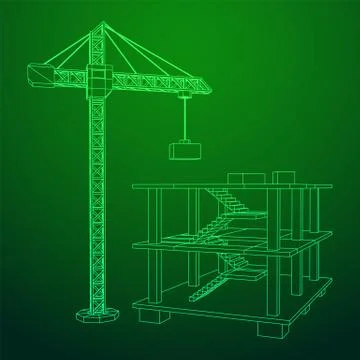 Building under construction with crane wireframe Ilustración de archivo