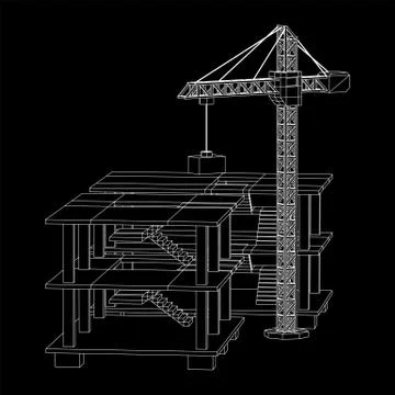 Building under construction with crane wireframe Ilustración de archivo