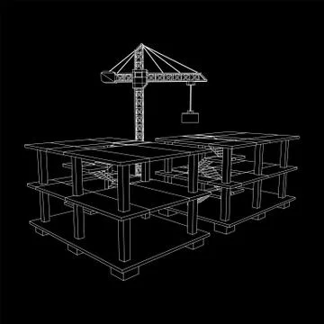 Building under construction with crane wireframe Ilustración de archivo