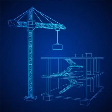 Building under construction with crane wireframe Ilustración de archivo