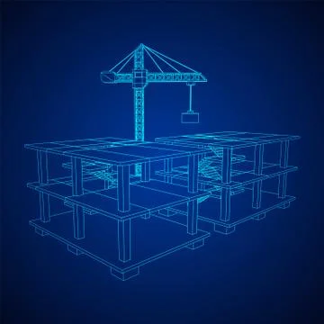 Building under construction with crane wireframe Ilustración de archivo