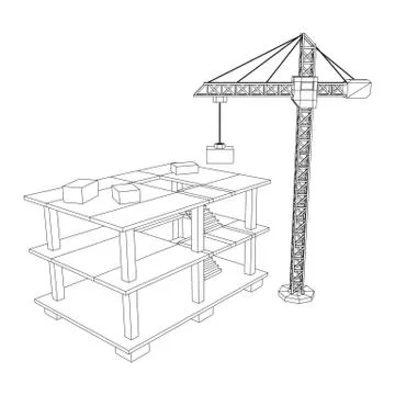 Building under construction with crane wireframe Ilustración de archivo
