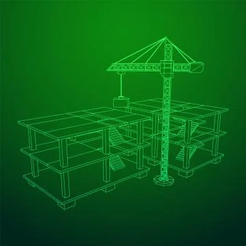 Building under construction with crane wireframe Ilustración de archivo